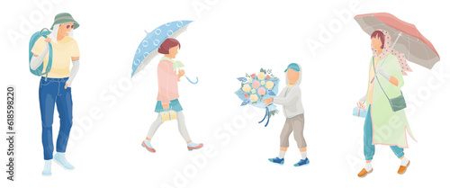 woman with umbrella and man in a protective hat, boy and girl in protective clothes against the solar radiation and UV ultraviolet in the city life, color vector illustration