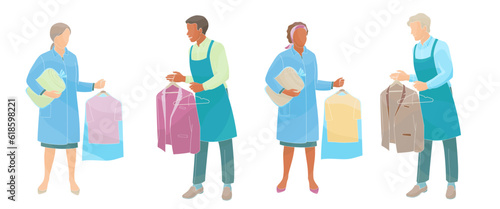 dry Cleaning and laundry service staff smiling characters in uniform color vector illustration