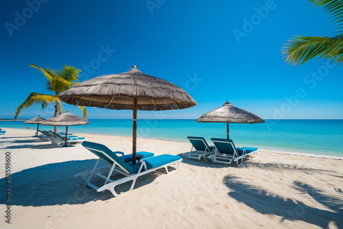 Umbrellas and chaise longues perfect beach with blue transparent sea © Canvas Alchemy