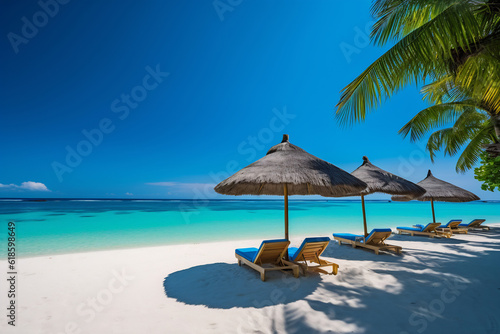 Umbrellas and chaise longues perfect beach with blue transparent sea
