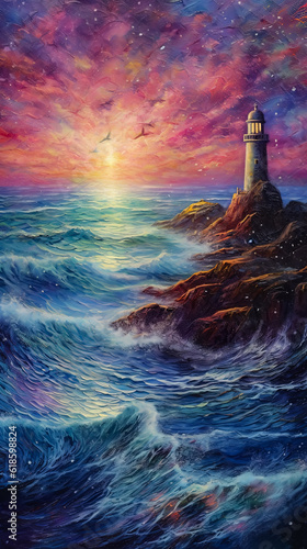 Psychedelic painting with a lighthouse on a small rocky island in a stormy sea, fantasy art, poster art.