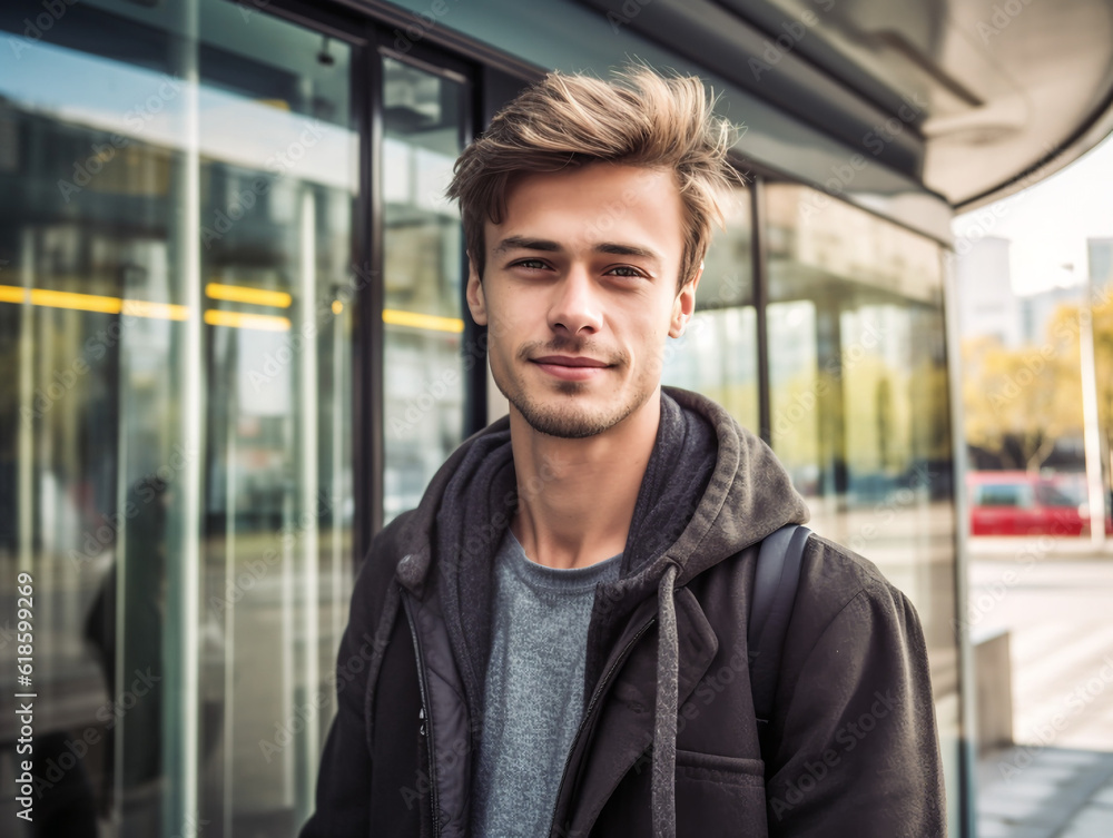 young guy standing at the bus stop young guy standing at the bus stop