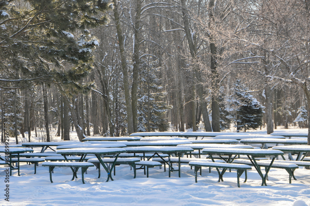 Picnic Tables Stacked In The Park After A January Snowstorm In Wisconsin
