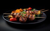 Kebabs - grilled meat skewers, shish kebab with vegetables on black wooden background. Created with Generative AI technology.