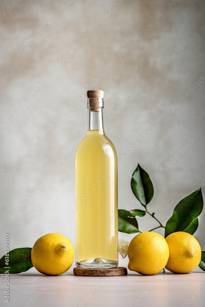 A bottle of limoncello and lemon on light rustic background. Lemon liqueur. Generative AI A bottle of limoncello and lemon on light rustic background. Lemon liqueur. Generative AI