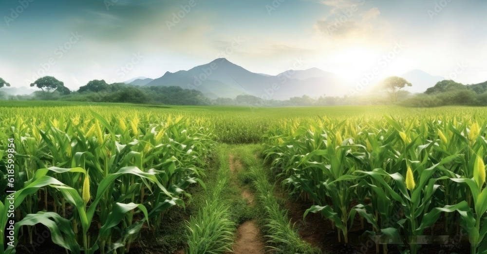 Corn cobs in corn plantation field. Created with Generative AI technology.