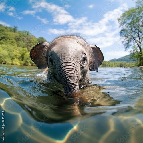 Baby elephant playing in the river