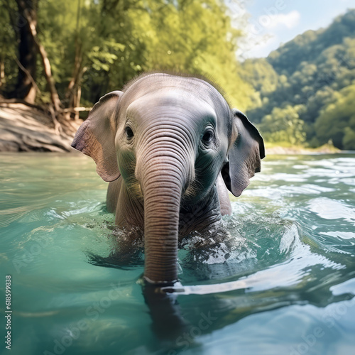 Baby elephant playing in the river