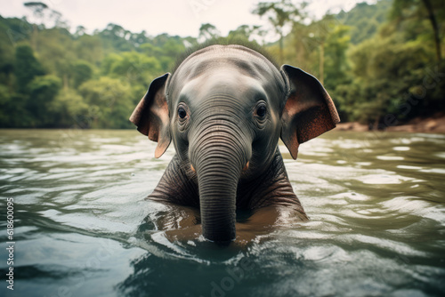 Baby elephant playing in the river