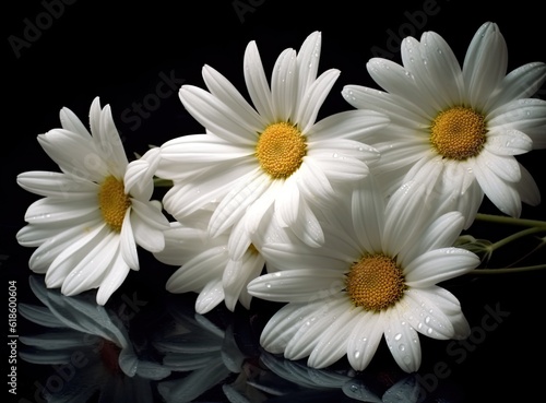 A bunch of white daisy flowers on rustic chalkboard table surface  with blur copy space background. Created with Generative AI technology.