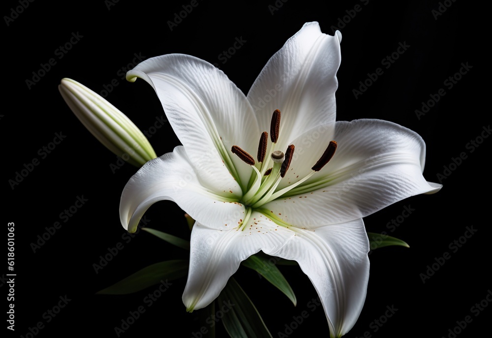 Fototapeta premium Lily flower on the dark background. Condolence card. Empty place for a text. Created with Generative AI technology.