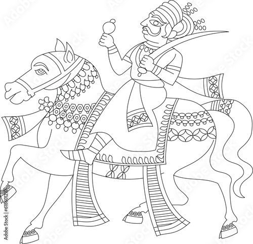 Illustration drawn in Pinguli folk art style of Maharashtra India. for textile printing, logo, wallpaper
