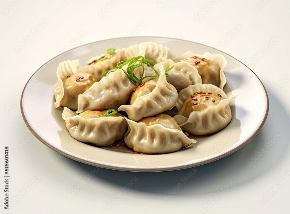 Boiled dumplings on a white plate close-up. Russian cuisine. Isolated image. Created with Generative AI technology. Boiled dumplings on a white plate close-up. Russian cuisine. Isolated image. Created with Generative AI technology.