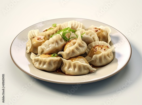 Boiled dumplings on a white plate close-up. Russian cuisine. Isolated image. Created with Generative AI technology.