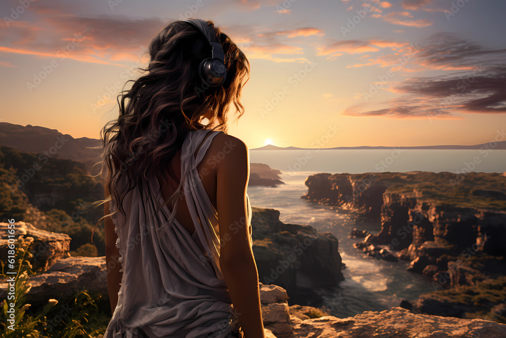 Fototapeta premium Woman wearing headset and exploring the sea from the edge, generative AI