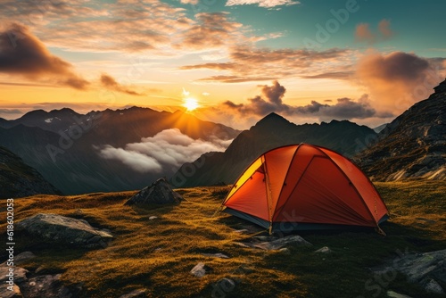 A tent in the mountains at sunset  hiking  adventure  vacation  generative ai
