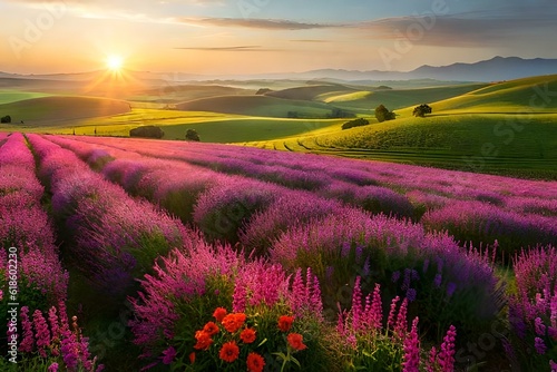 lavender field at sunset Generated Ai