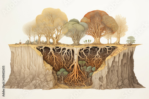 A cross section of a group of trees underground