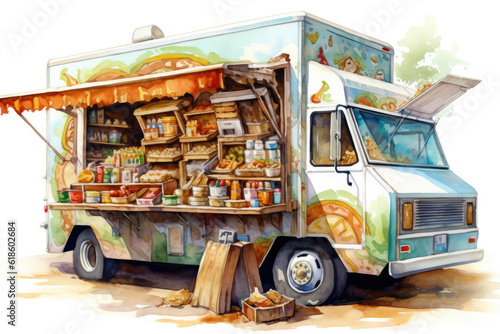 A food truck loaded with fresh produce and groceries