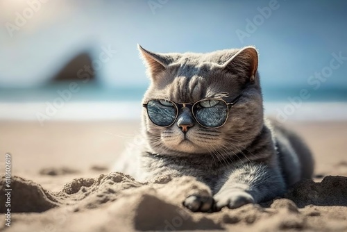 A portrait of a Scottish lop-eared gray cat sunbathing generated by AI