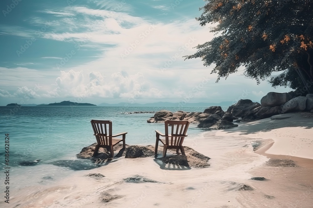 Chairs In Tropical Beach With Palm Trees On Coral Island generated by AI