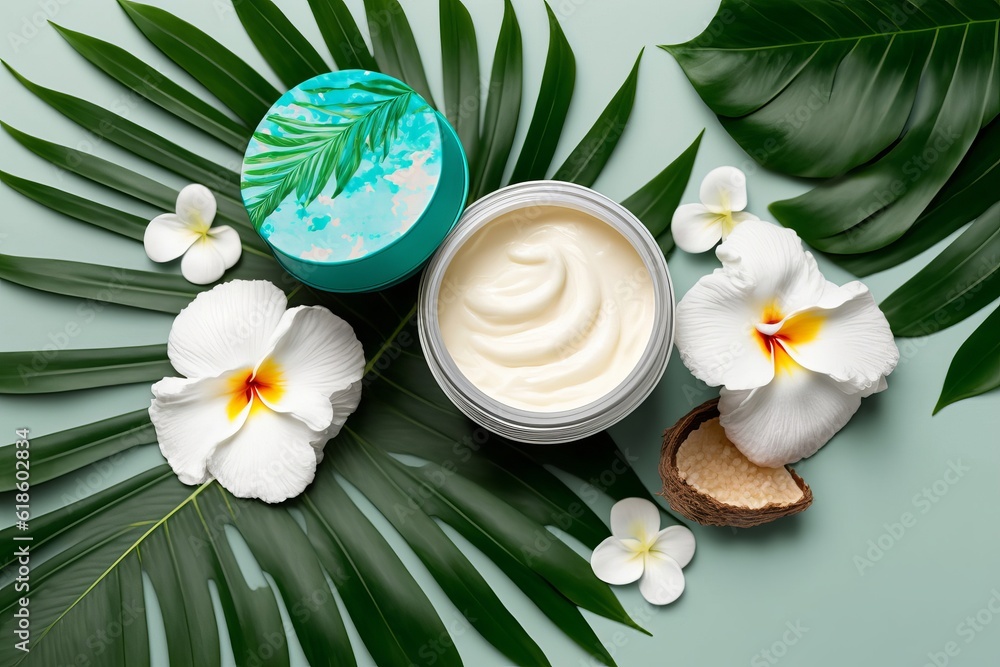 Coconut Oil or Cream tropical leaves and flowers generated by AI Coconut Oil or Cream tropical leaves and flowers generated by AI