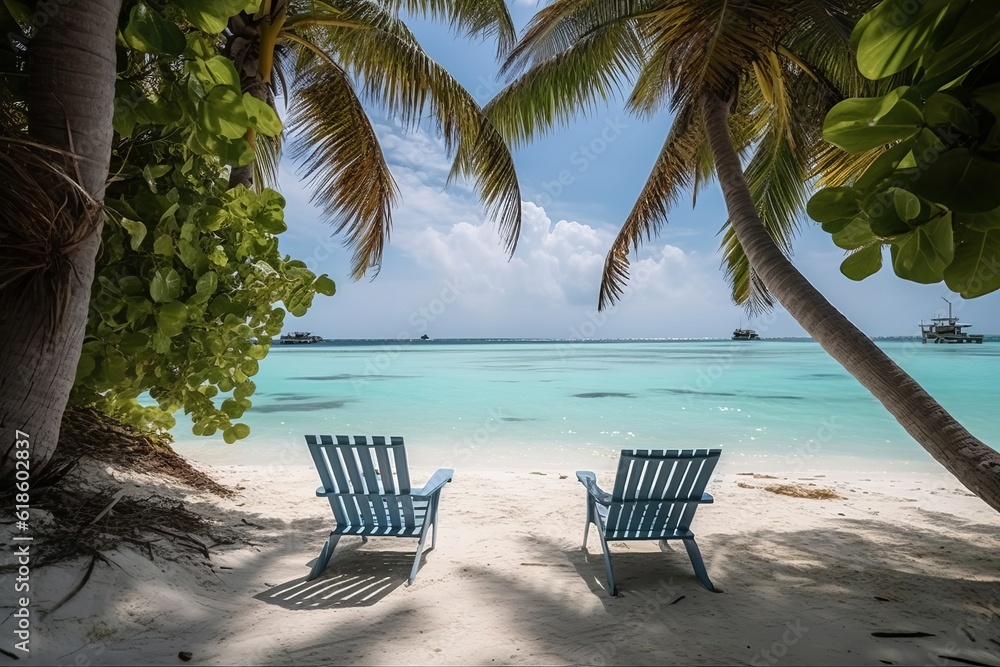 Chairs In Tropical Beach With Palm Trees On Coral Island generated by AI