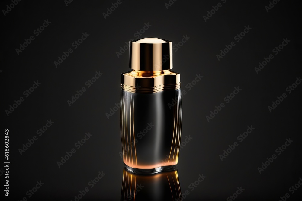 Naklejka premium Cosmetic bottle with highlights on a black background generated by AI