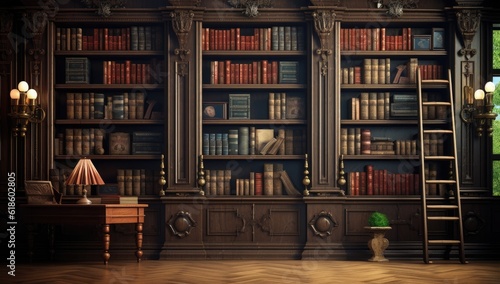 old library bookshelf with old wooden floor Generative AI