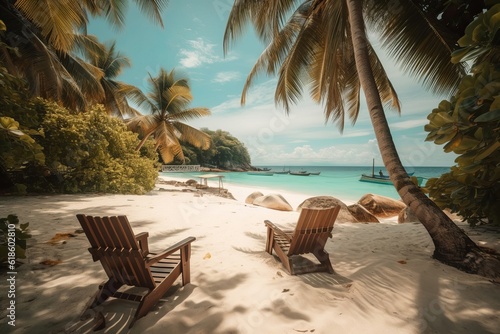 Chairs In Tropical Beach With Palm Trees On Coral Island generated by AI © Yaroslav