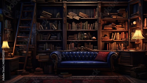a room with books on a shelf Generative AI