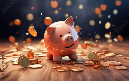 A cute piggy bank smiles under a shower of gold coins photo