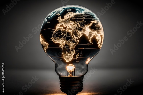 glowing light bulb with a world map generated by AI