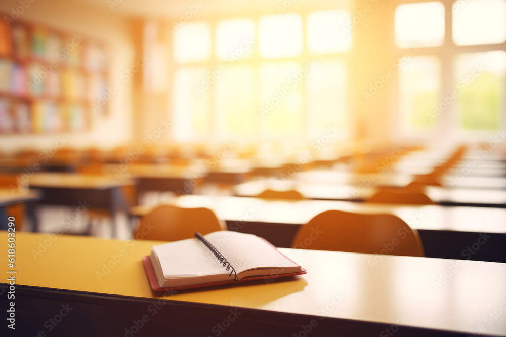 School classroom in blur background without kids or teacher; Blurry view of elementary class room. Created using AI tool. School classroom in blur background without kids or teacher; Blurry view of elementary class room. Created using AI tool.