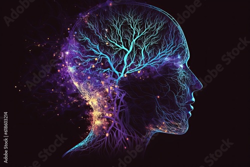 Human head with glowing neurons in brain generated by AI