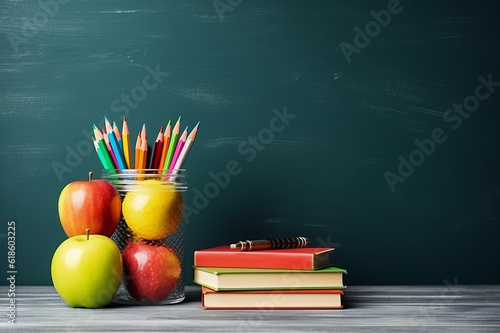 School supplies on school desk , chalkboard on background ready for your design. Crated using AI tools.