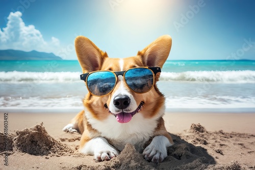 Portrait of sunbathing dog in trendy sunglasses on sandy shore generated by AI © Yaroslav