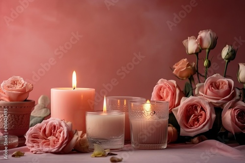  Scented candles and roses on a white table against generated by AI