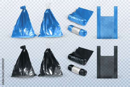 Plastic bags. Black and blue trash bag set. Bin garbage, 3d recycle waste roll, full with strings and empty. Realistic rubbish sack, recycling polyethylene pack vector exact isolated mockup