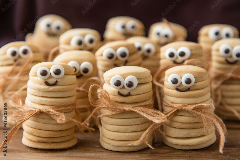 Cute mummy Halloween cookies with smiling faces