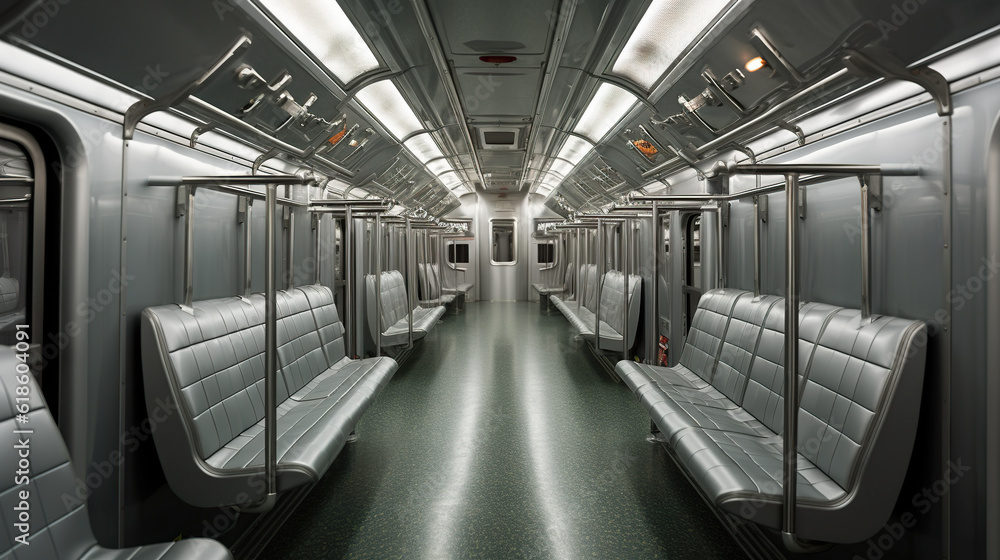 Obraz premium A long empty train car filled with lots of seats. Generative AI.