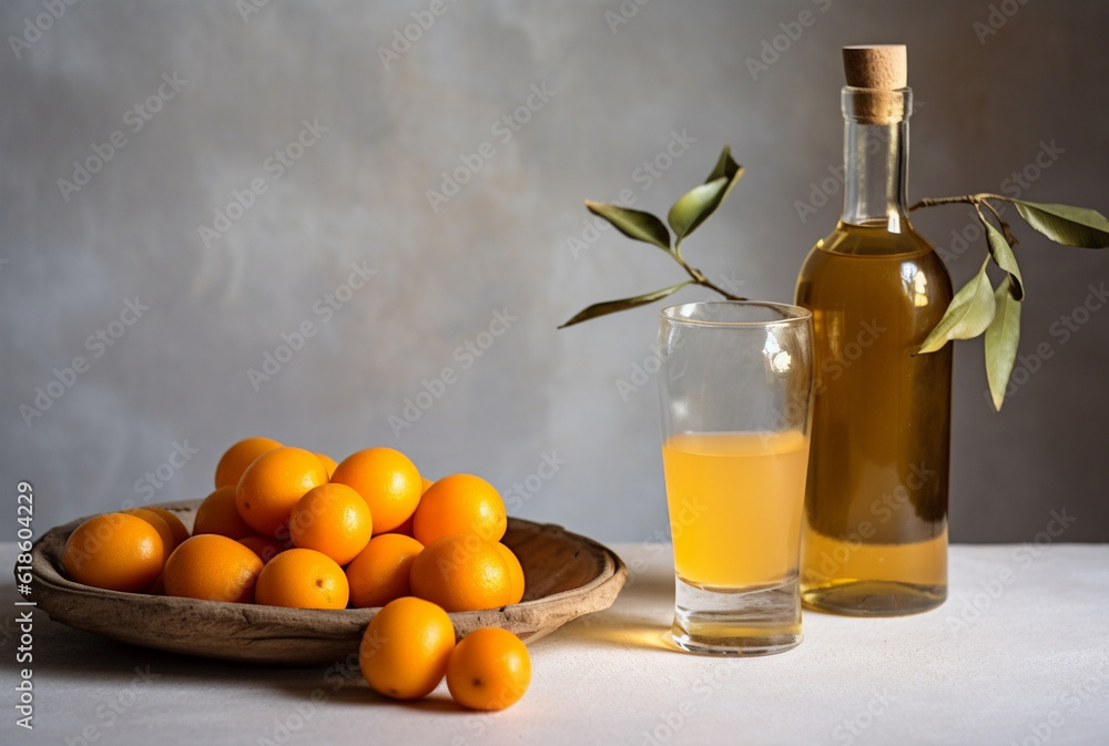 Kumquat liqueur with kumquat on light background. Greek kumquat tincture. Generative AI Kumquat liqueur with kumquat on light background. Greek kumquat tincture. Generative AI