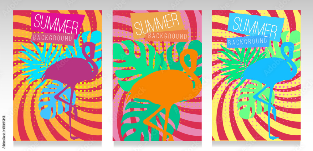 Summer cover set. Flat and colorful design. Flamingo silhouette, foliage, dots and swirl in contrasting colors. 