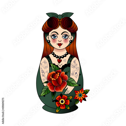 Old school tattooed girl. Russian lady. Vintage pin up toy. Retro flower doll. Cute matryoshka with roses. Sexy folk woman. Blooming blossom. Female beauty. Vector isolated painted souvenir