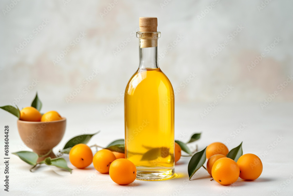 Kumquat liqueur with kumquat on light background. Greek kumquat tincture. Generative AI Kumquat liqueur with kumquat on light background. Greek kumquat tincture. Generative AI
