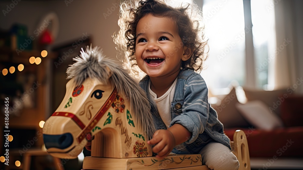 Child sitting joyfully on a wooden horse toy within a cozy room.