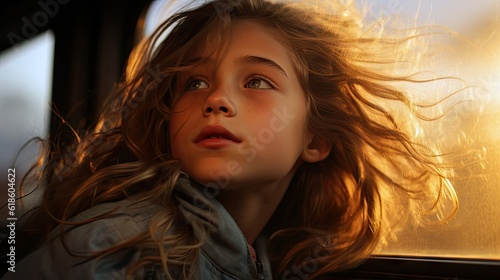 Girl leaning head out of a car window and enjoying the blowing wind.