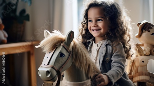 Child sitting joyfully on a wooden horse toy within a cozy room.