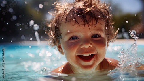 Wet baby swimming in the pool.