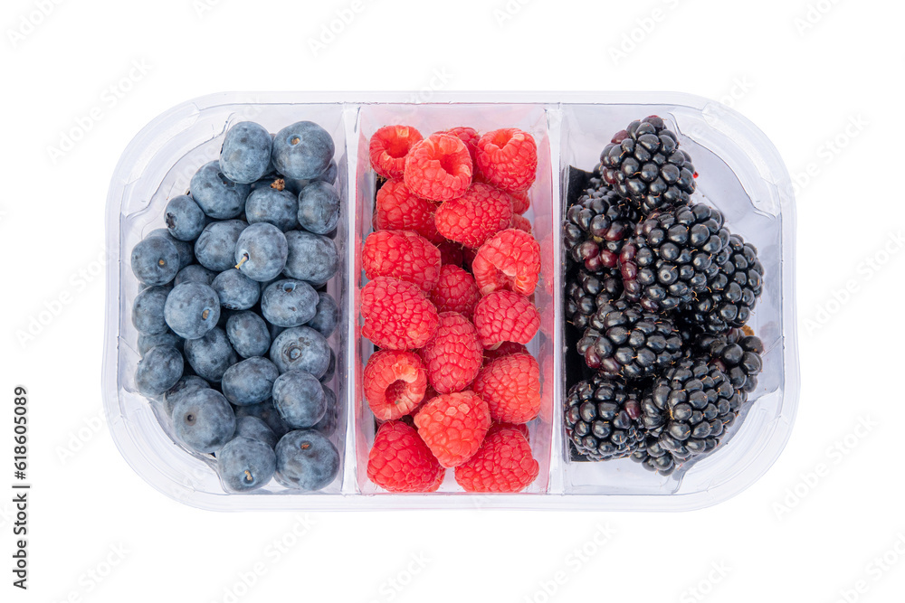 clear plastic fruit box, top view, isolated on white background